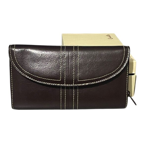 Buxton Bifold Wallet Brown Leather White Stitch Detail Credit Card New In Box - Picture 2 of 10